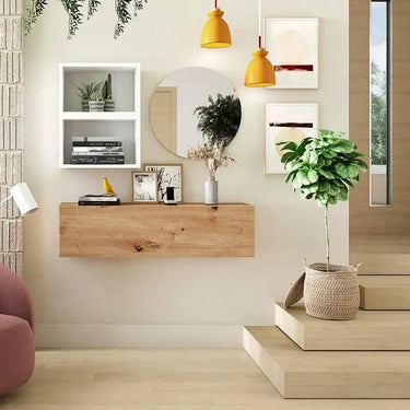 Mueble recibidor FLORENCIA mod. 7 con espejo redondo y cubos abiertos y cerrados, diseño minimalista y funcional para entrada de hogar
