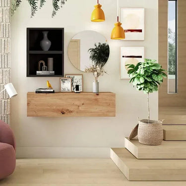 Mueble recibidor FLORENCIA mod. 7 con espejo redondo y almacenamiento combinado para entrada minimalista