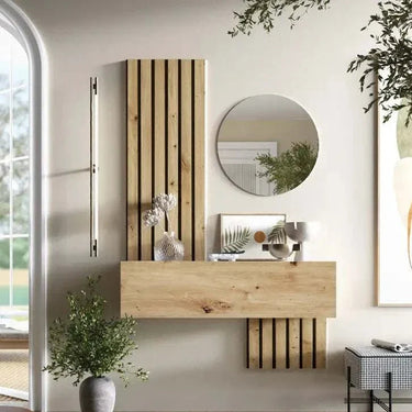 Mueble recibidor FLORENCIA mod. 5 con espejo redondo y panel de palillera en estilo moderno