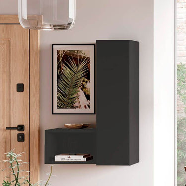 Recibidor FLORENCIA minimalista en colores Artisan, Ébano y Blanco, con módulos de almacenamiento y diseño elegante.