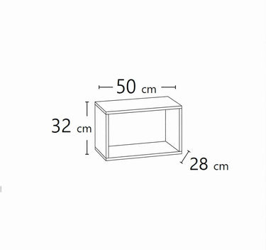 Recibidor con cubo abierto rectangular de tablero melamínico, acabado blanco y medidas indicadas de 50 × 32 × 28 cm.