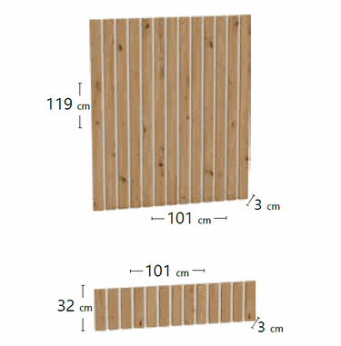 Recibidor wall panel set in warm natural wood-effect melamine, with vertical slatted pattern and two panels of different heights.