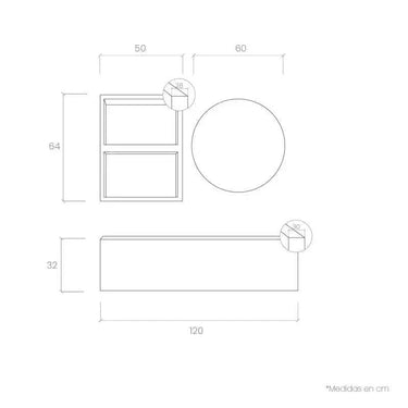 Mueble recibidor FLORENCIA mod. 7 con espejo redondo y cubos abiertos y cerrados, diseño minimalista y funcional.