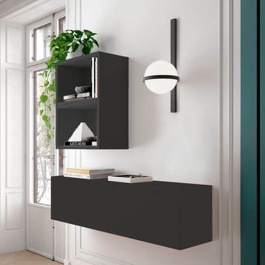 Recibidor FLORENCIA mod. 2 en diseño compacto de madera melamínica con puerta batiente y cubos abiertos para optimizar espacios pequeños.