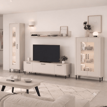 Salón NAPOLI ambiente 4 con vitrina alta y baja, mueble de TV y estante superior en diseño moderno y funcional