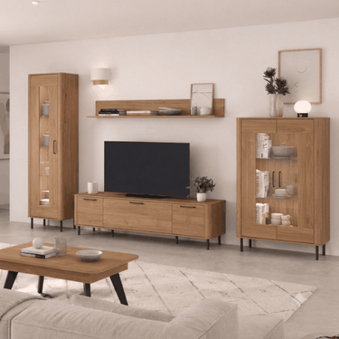 Mueble salón NAPOLI moderno con vitrina alta y baja, estante y mueble TV en tonos combinados