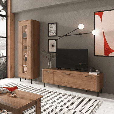 Mueble salón con vitrina NAPOLI diseño moderno en colores nogal y arena