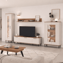 Salón NAPOLI con vitrina alta y baja, mueble de TV y estante superior en ambiente moderno y funcional
