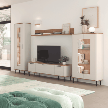 Salón NAPOLI con vitrina alta y baja, mueble de TV y estante superior moderno y funcional