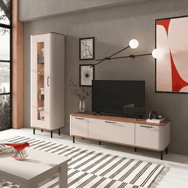 Mueble salón con vitrina NAPOLI moderno en tonos nogal y arena con bajo TV y estantes de cristal