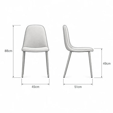 Silla de comedor gris claro tapizada en microfibra, con respaldo curvo y patas metálicas finas en acabado plateado.