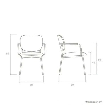 Silla de comedor tapizada con reposabrazos, estructura metálica negra y asiento acolchado, diseño ergonómico.