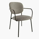 Silla de comedor tapizada gris con patas metálicas negras y reposabrazos, diseño moderno y cómodo acolchado.