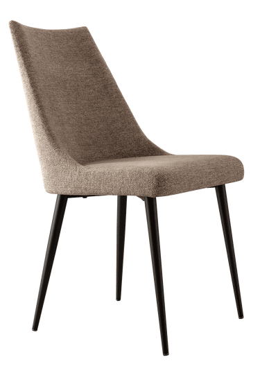 Silla de comedor con tapizado texturizado marrón y diseño envolvente, patas metálicas negras estilizadas.