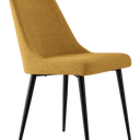 Silla de comedor mostaza tapizada en tela, con respaldo curvo y patas metálicas negras de diseño estilizado.
