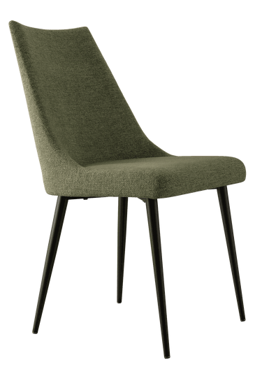 Silla de comedor verde oliva, tapizada en tela con asiento y respaldo curvos y patas metálicas negras delgadas.