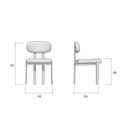 Silla de comedor tapizada en gris claro, con asiento acolchado, respaldo separado y patas metálicas finas.