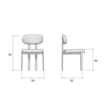 Silla de comedor tapizada en gris claro, con asiento acolchado, respaldo separado y patas metálicas finas.