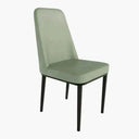 Silla de comedor verde claro tapizada en tejido, con respaldo alto y patas metálicas negras rectas.