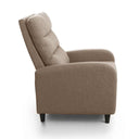 Sillón Relax marrón de tejido, con respaldo alto y acolchado, brazos rectos y patas negras cortas.