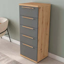 Sinfonier de cinco cajones Génova color madera con diseño práctico y sencillo para dormitorio.
