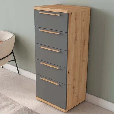 Sinfonier de cinco cajones Génova color madera con diseño práctico y sencillo para dormitorio.
