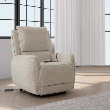 Butaca relax eléctrica Power-lift LIVIA en tonos gris y beig con respaldo alto y sistema de 1 o 2 motores