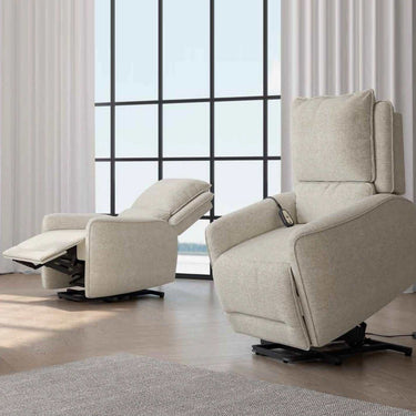 Butaca relax eléctrica Power-lift modelo LIVIA en color gris con respaldo alto y reposa pies integrado