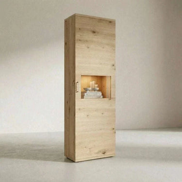 Mueble salón comedor BOLONIA estilo nórdico moderno con vitrinas y mueble TV en madera natural
