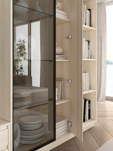 Vitrina asimétrica salón TIVOLI con cristal Olas y perfil aluminio negro