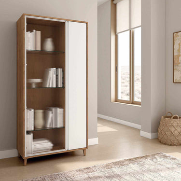 Vitrina asimétrica salón Tivoli con cristal Olas y perfil aluminio negro