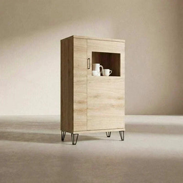 Mueble salon comedor BOLONIA moderna con vitrina y mueble TV en colores natural y polar, diseño funcional y elegante.