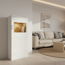 Vitrina salón BOLONIA baja de diseño moderno en colores ARTISÁN, ROBLE NATURAL y POLAR, con 1 puerta y 2 baldas interiores para almacenamiento funcional y elegante.