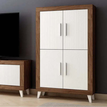 Composición de salón ASTI ambiente 3 con mueble TV y vitrina de cuatro puertas en madera reciclada y diseño elegante.