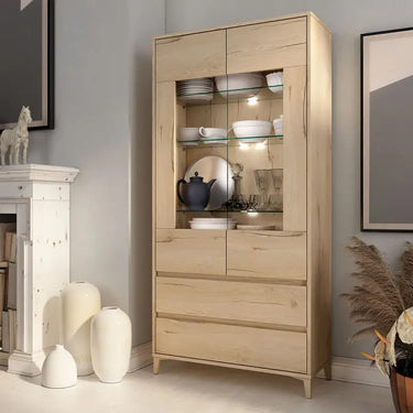 Vitrina dos puertas de diseño actual con expositor de cristal y cajones, 180 cm de alto