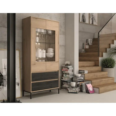 Vitrina dos puertas LECCE 180cm con expositor de cristal y cajones, diseño moderno y funcional.