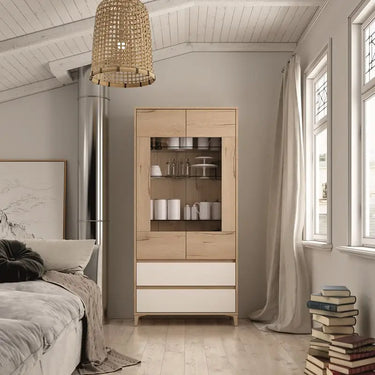 Vitrina dos puertas LECCE de 180 cm con expositor de cristal y dos cajones, diseño moderno y funcional.