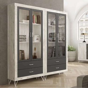 Vitrina 2 puertas y 2 cajones ASTI de diseño elegante y funcional con acabado resistente y color lino
