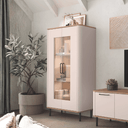 Vitrina baja Napoli con cantos redondeados y estantes de cristal, moderna y funcional.