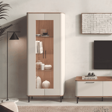 Vitrina alta NAPOLI elegante con estantes de cristal y detalles metálicos en negro