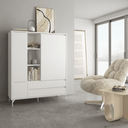 Mueble auxiliar salón TIVOLI con vitrina baja de cristal, tres puertas y dos cajones en colores personalizables