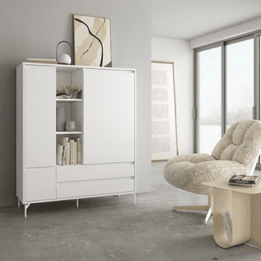 Mueble auxiliar salón TIVOLI con vitrina baja de cristal, tres puertas y dos cajones en colores personalizables