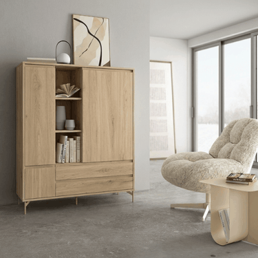 Mueble auxiliar salón TIVOLI con vitrina baja, cristal Parsol, 3 puertas y 2 cajones, diseño moderno y personalizable.