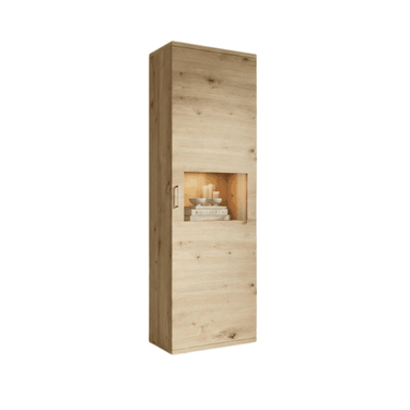 Vitrina salón alta BOLONIA moderna en roble natural con puerta y baldas interiores