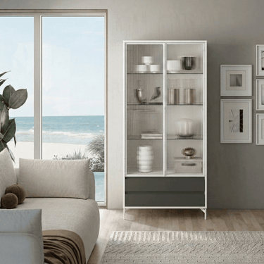Vitrina simétrica TIVOLI de diseño vanguardista con cristal Olas y estructura personalizable
