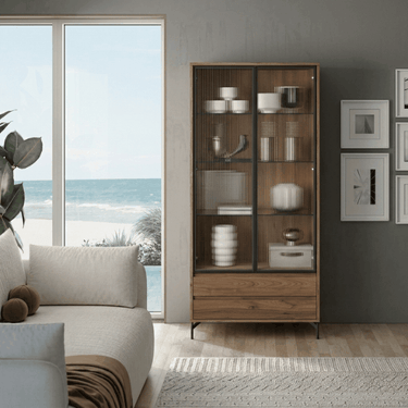 Vitrina Simétrica TIVOLI de salón con cristal Olas y perfil de aluminio negro elegante y moderna