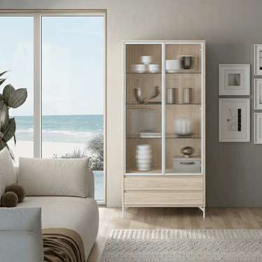 Vitrina Simétrica TIVOLI con cristal Olas y perfil aluminio negro para salón elegante y funcional