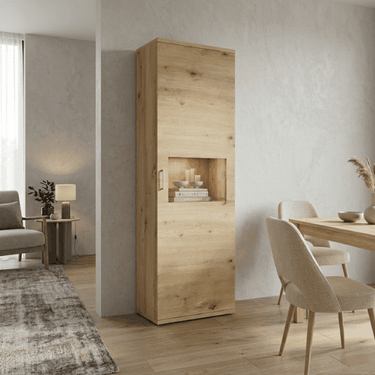 Vitrina salón comedor BOLONIA alta de diseño moderno en acabado ROBLE NATURAL