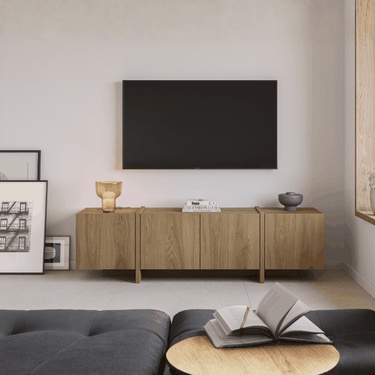 Mueble TV VOLIA Roble 180 cm con puertas y patas a juego para salón