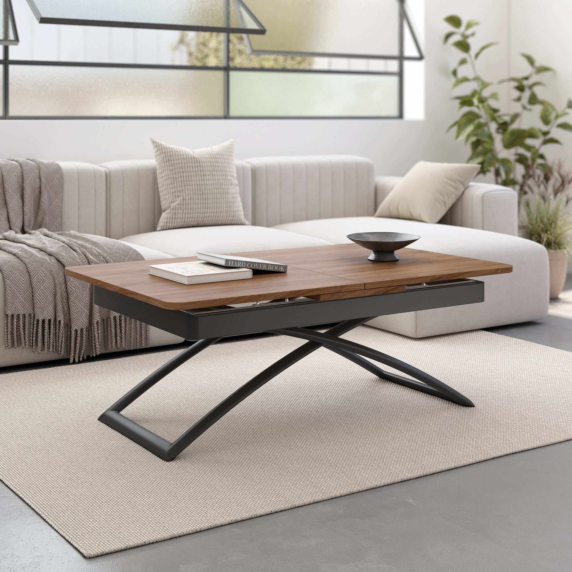 Mesa elevable y convertible para comedor que optimiza espacio y decora elegante.